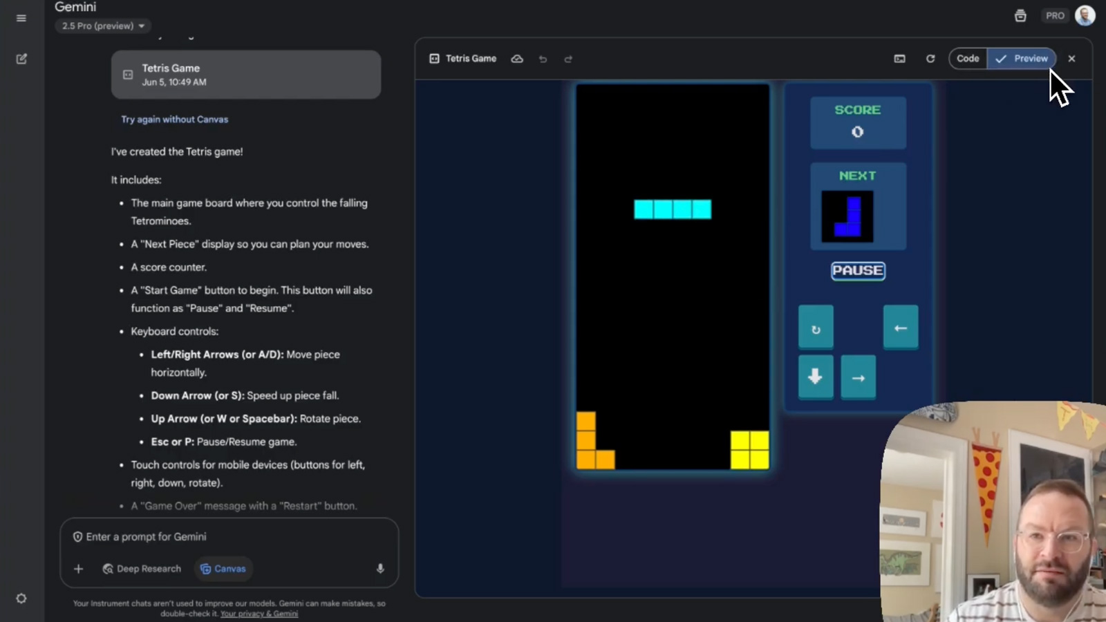 Gemini Canvas: Vibe Coding a Tetris Game